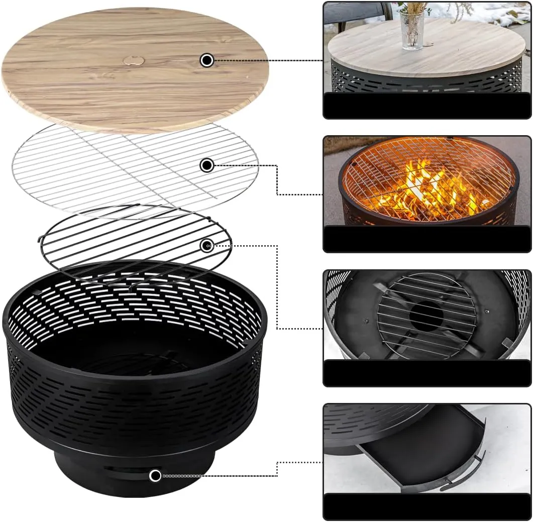 26" Wood Burning Fire Pits with Grill & Lid, Fire Pit Table for Outside with Waterproof Cover & Fire Poker, Outdoor Firepit with Functions for BBQ,Table and Bonfire