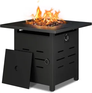 28 inch Outdoor Propane Fire Pit 40,000 BTU Gas Fire Pit Table with Lid & Lava Rock, Waterproof Cover, Square Gas Firepit Table for Garden/Patio, CSA Certification