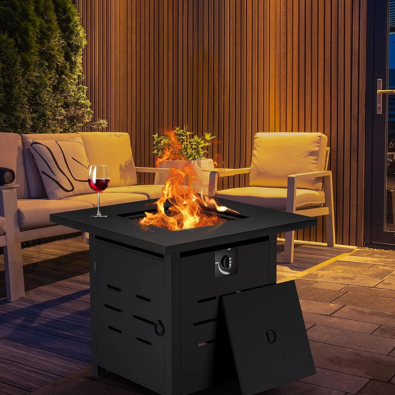 28 inch Outdoor Propane Fire Pit 40,000 BTU Gas Fire Pit Table with Lid & Lava Rock, Waterproof Cover, Square Gas Firepit Table for Garden/Patio, CSA Certification