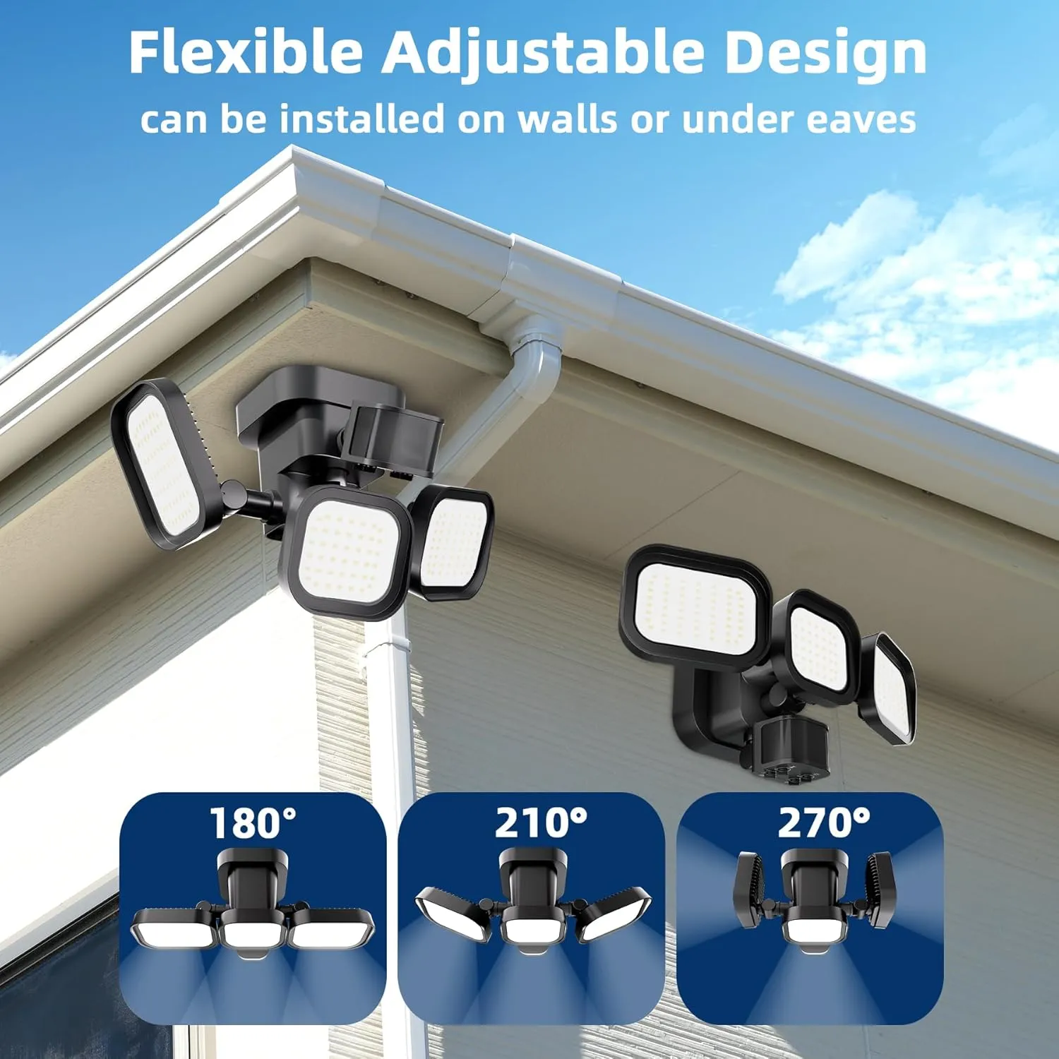 2PK LED Motion Sensor Outdoor Lights, 6500LM, 270° 72FT Detected Range, Dusk to Dawn, 5000K, IP65 Waterproof Flood Lights Outdoor, 3 Head Motion Detector Security Light for Garage,Yard