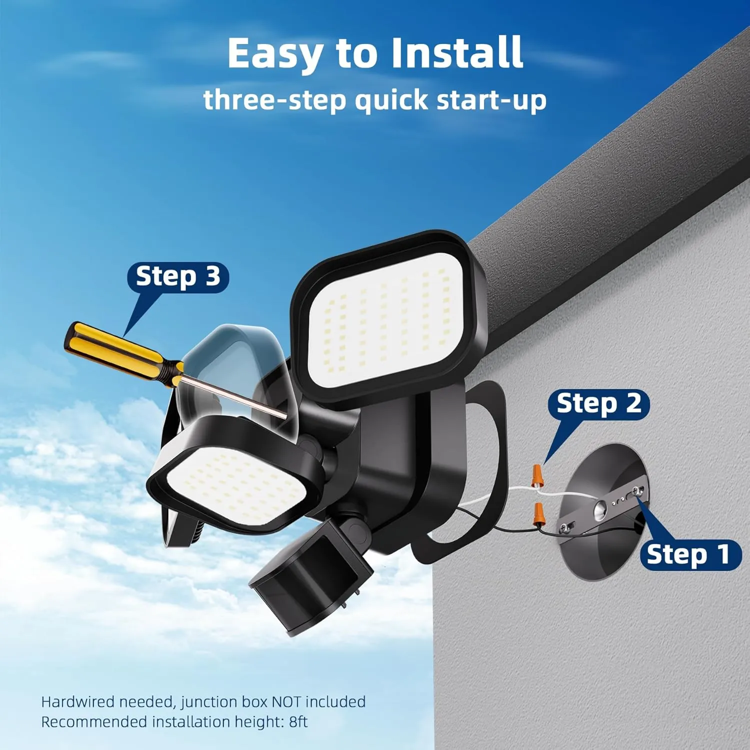 2PK LED Motion Sensor Outdoor Lights, 6500LM, 270° 72FT Detected Range, Dusk to Dawn, 5000K, IP65 Waterproof Flood Lights Outdoor, 3 Head Motion Detector Security Light for Garage,Yard