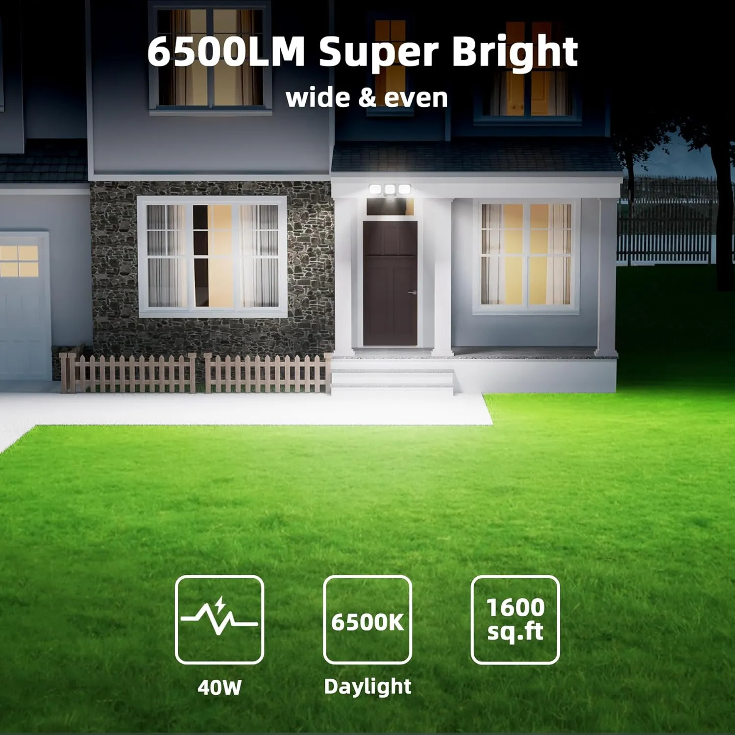 2PK LED Motion Sensor Outdoor Lights, 6500LM, 270° 72FT Detected Range, Dusk to Dawn, 5000K, IP65 Waterproof Flood Lights Outdoor, 3 Head Motion Detector Security Light for Garage,Yard