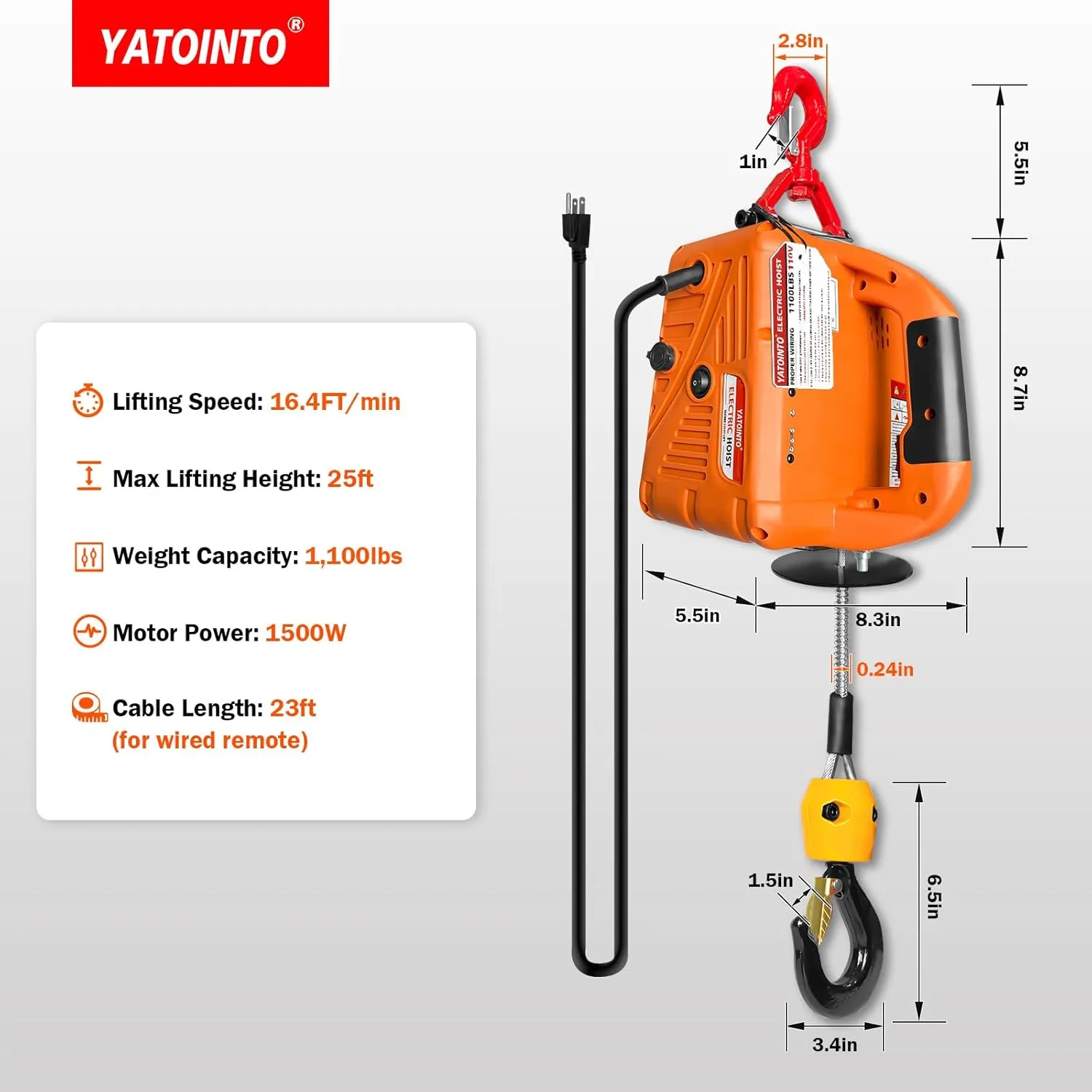3 in 1 Electric Hoist Winch, 1100lbs Portable Electric Power Winch with Wire and Wireless Remote Control, 120V Electric Hoist Crane, Overload Protection 25ft Lifting Height for Towing