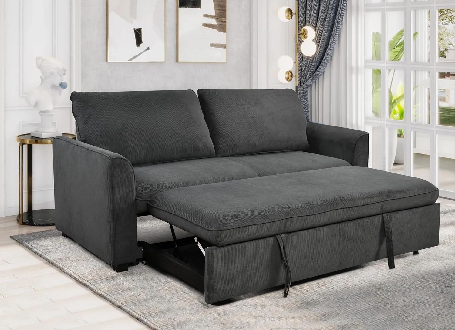 3 in 1 Loveseat Convertible Queen Sleeper Sofabed Corduroy Upholstered Tufted Sofa Bed Queen Pull-Out Sleeper Couch Bed With Curved Armrests and Reclining Backrest for Home Apartment RV Living Room