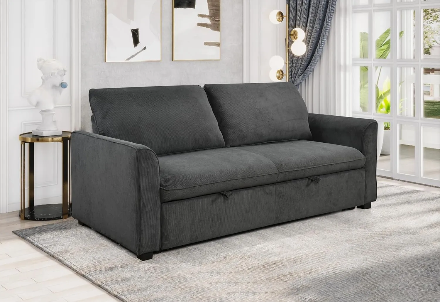 3 in 1 Loveseat Convertible Queen Sleeper Sofabed Corduroy Upholstered Tufted Sofa Bed Queen Pull-Out Sleeper Couch Bed With Curved Armrests and Reclining Backrest for Home Apartment RV Living Room