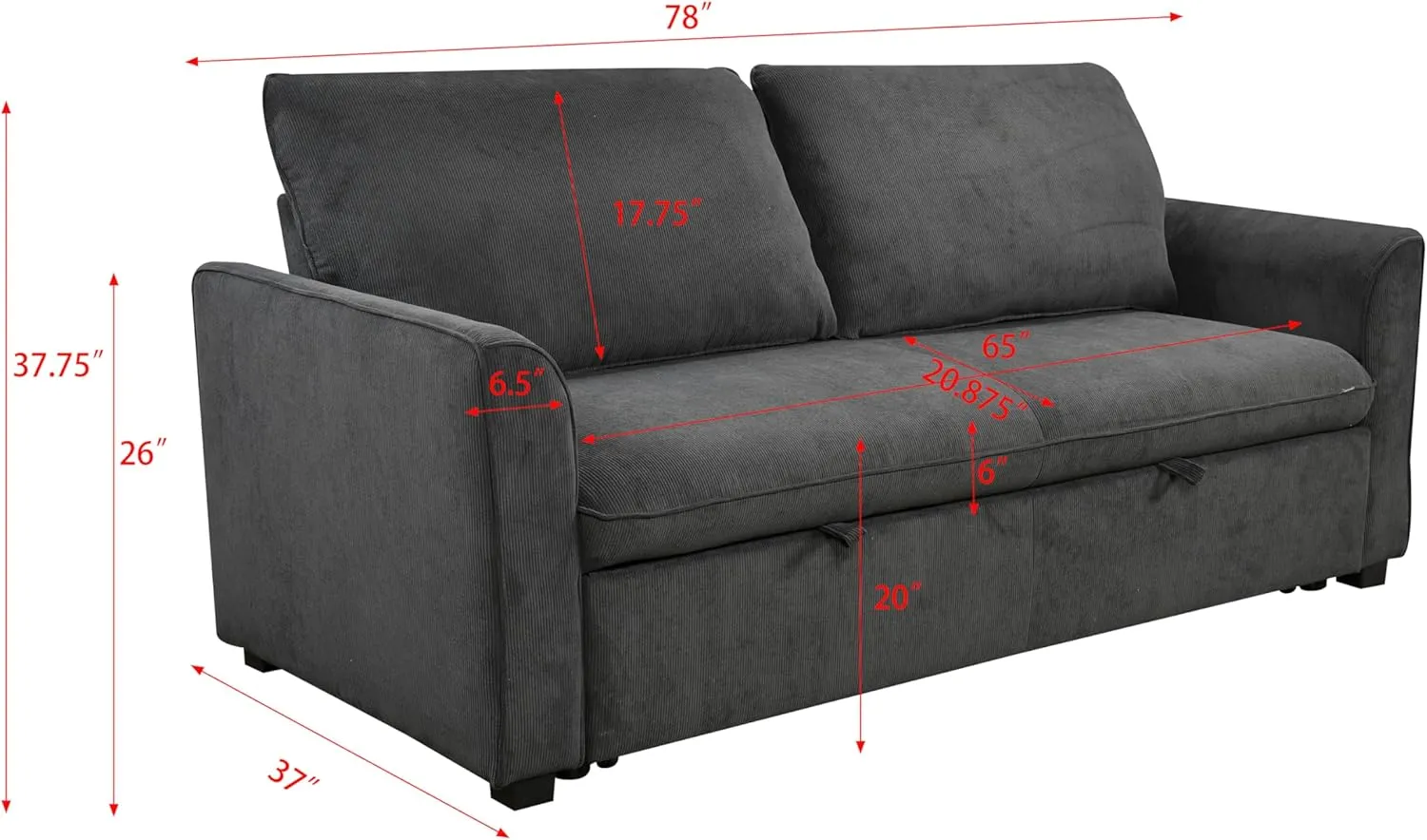 3 in 1 Loveseat Convertible Queen Sleeper Sofabed Corduroy Upholstered Tufted Sofa Bed Queen Pull-Out Sleeper Couch Bed With Curved Armrests and Reclining Backrest for Home Apartment RV Living Room