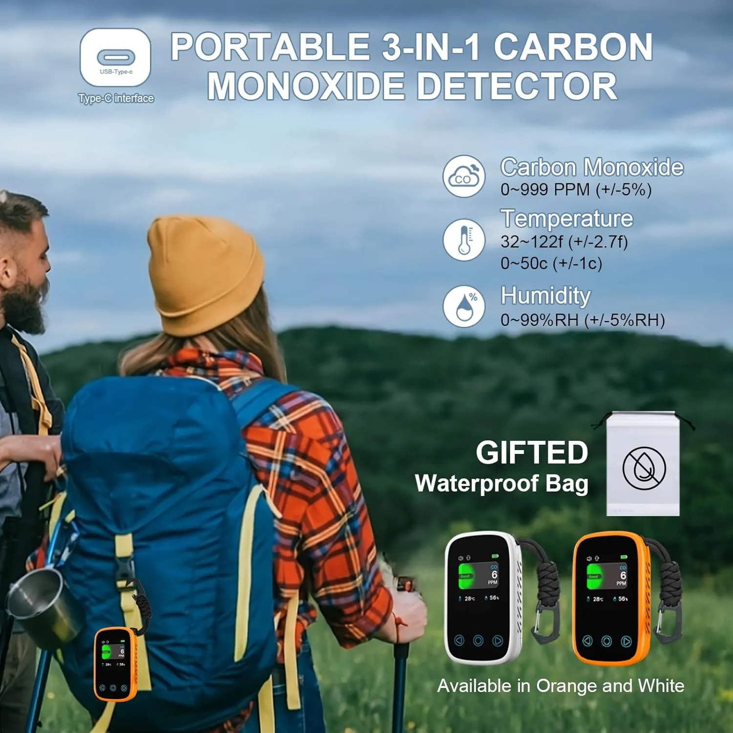 [3-in-1] Portable Mini Carbon Monoxide Detector with Lanyard,CO Detector, Air Quality Monitor for CO,Temperature & Humidity,Rechargable900mAh, Indoor/Outdoor, Gifted Waterproof Bag & Magnetic Backings