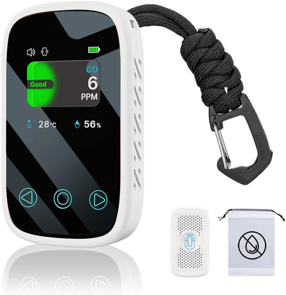 [3-in-1] Portable Mini Carbon Monoxide Detector with Lanyard,CO Detector, Air Quality Monitor for CO,Temperature & Humidity,Rechargable900mAh, Indoor/Outdoor, Gifted Waterproof Bag & Magnetic Backings