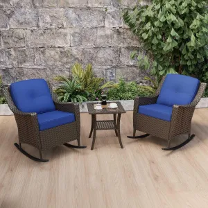 3 Pieces Patio Furniture Set, High Back Rattan Rocking Chairs and Side Table, Outdoor PE Wicker Furniture Set, All Weather Patio Set with Waterproof Cushion for Porch and Deck