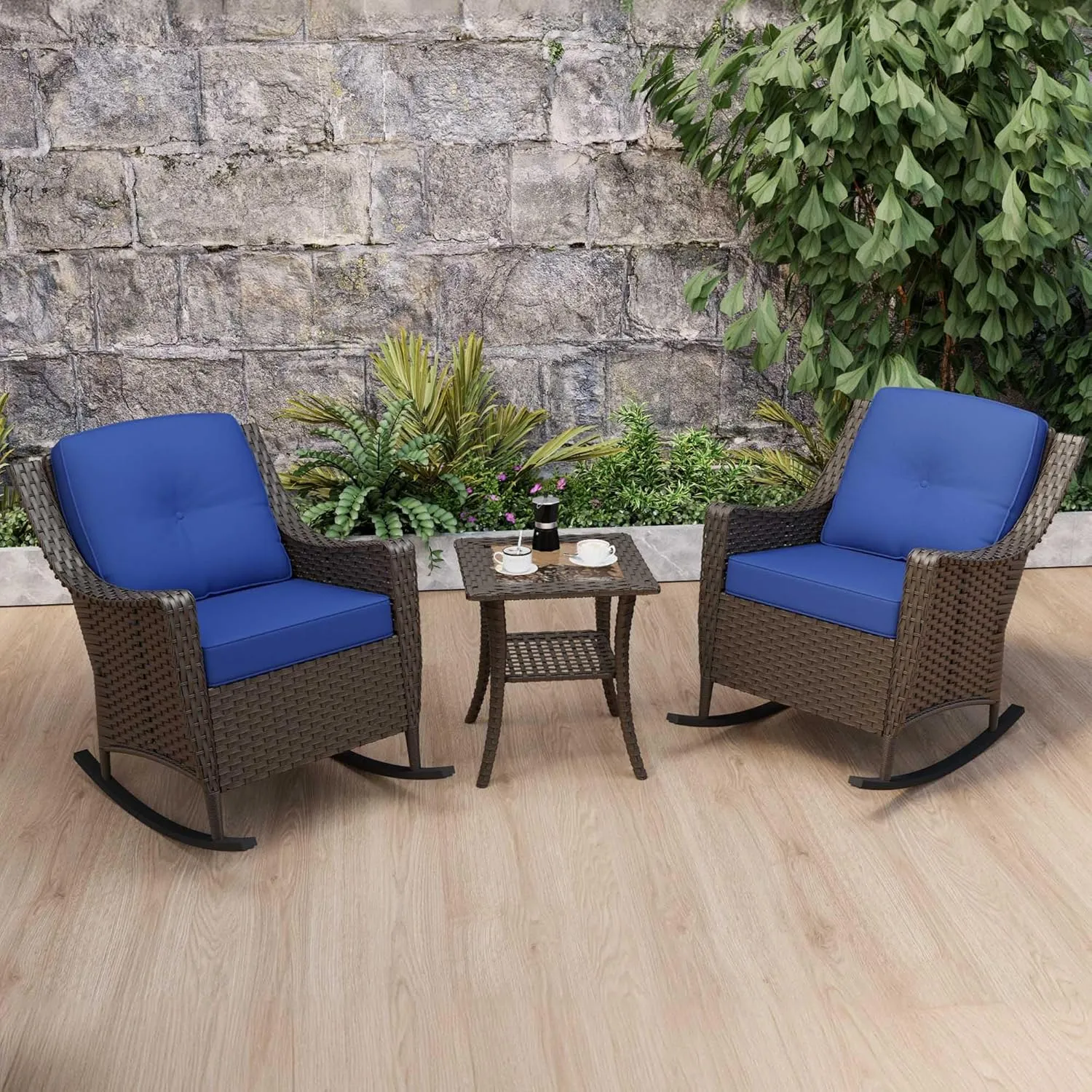 3 Pieces Patio Furniture Set, High Back Rattan Rocking Chairs and Side Table, Outdoor PE Wicker Furniture Set, All Weather Patio Set with Waterproof Cushion for Porch and Deck