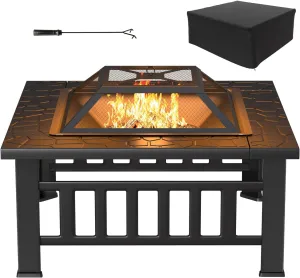 32-inch Fire Pits Outdoor Patio Metal Multifunctional Firepit Table with Waterproof Cover for Camping Bonfire Party Picnic BBQ Backyard Garden Outside Heating,black
