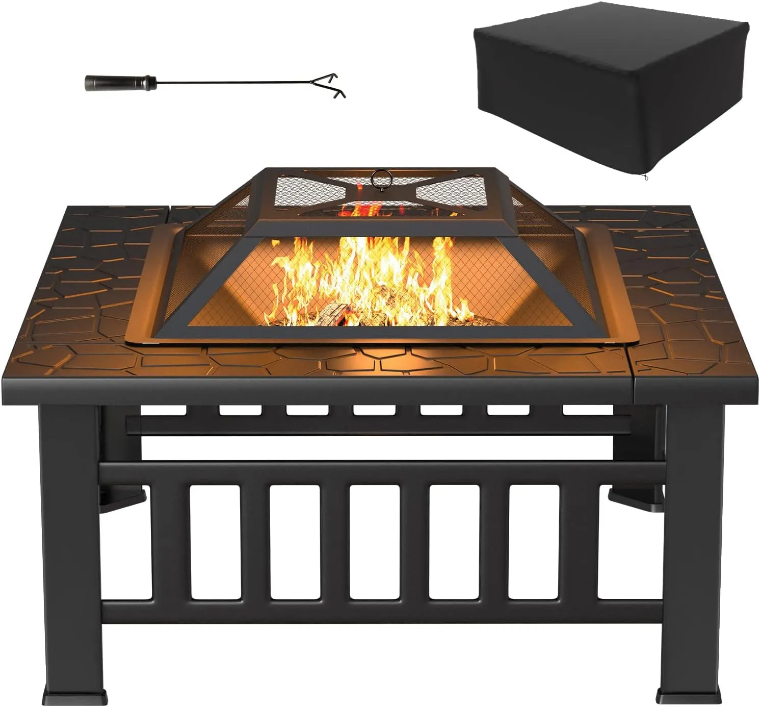 32-inch Fire Pits Outdoor Patio Metal Multifunctional Firepit Table with Waterproof Cover for Camping Bonfire Party Picnic BBQ Backyard Garden Outside Heating,black