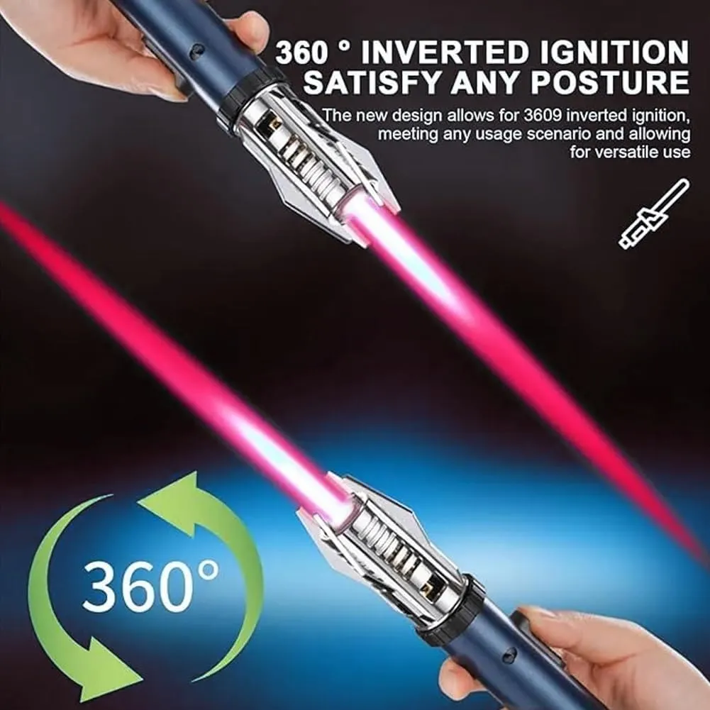 360 Outdoor Windproof Turbine Torch Lighter, Lightsaber Windproof Torch Lighter, Refillable Straight Flame Bright Fire Lighters with Safety Lock for Camping Campfires Kitchen(Silver)