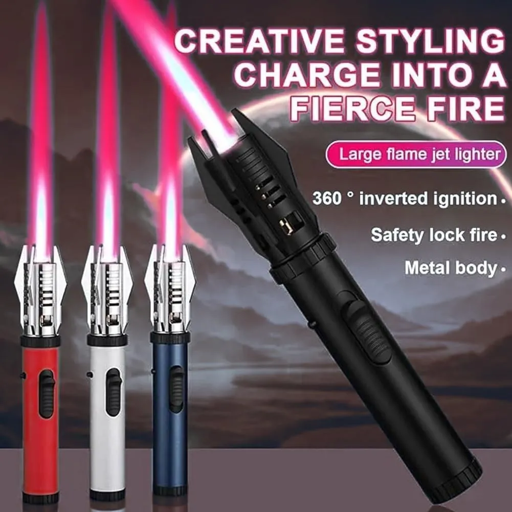 360 Outdoor Windproof Turbine Torch Lighter, Lightsaber Windproof Torch Lighter, Refillable Straight Flame Bright Fire Lighters with Safety Lock for Camping Campfires Kitchen(Silver)