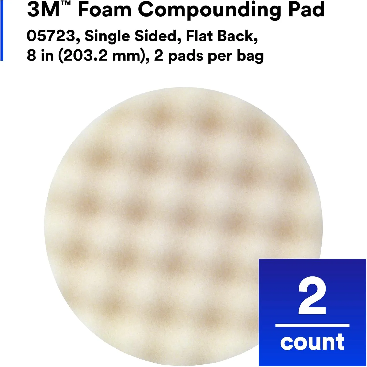 3M Foam Compounding Pad, 05723, Single Sided, Flat Back, Hook and Loop, 8 in (203.2 mm), 2 Pads/Bag
