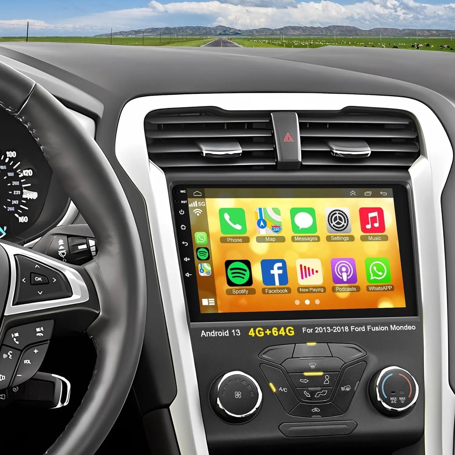 4 64G Car Stereo Android 13 for Ford 2013-2019 Fusion Mondeo, 9 Inch IPS Touch Screen Car Radio with Wireless Carplay/Android Auto,GPS, WiFi, Bluetooth,FM, Support OBD2/DVR/DSP