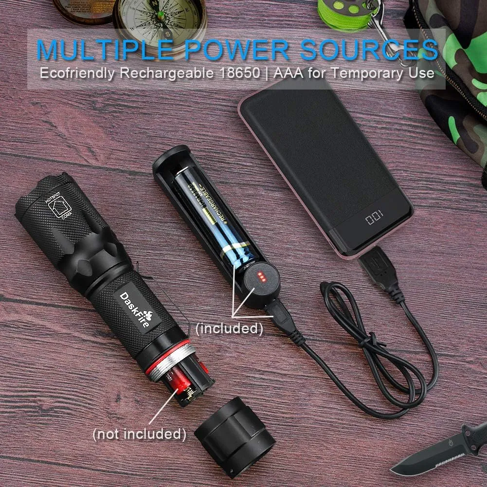 4 Colored Flashlight with RGB Lights, Rechargeable Battery, Charger, Bracelet, High Lumen Zoomable Emergency Torch Multipurpose for Kids Camping Hunting Fishing Hiking Gear