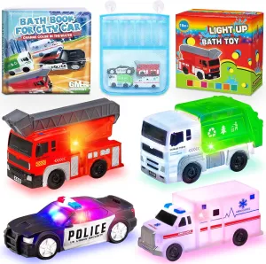 4 Floating Changing Color Light Up Bath Toy Car with Bath Book & Storage Bag, No Hole Realistic Car Bathtub Toys for Toddler Kid 18 month  , Bathroom Tub Pool Beach Swimming Party, Birthday Gift