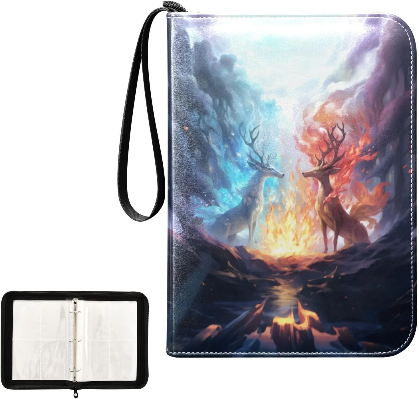 4 Pockets Trading Card Album Holder Book Folder Sports Card Binder Deer Ice Fire 400 Double Side Pockets for 3 Ring Binder Zipper