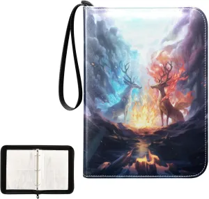 4 Pockets Trading Card Album Holder Book Folder Sports Card Binder Deer Ice Fire 400 Double Side Pockets for 3 Ring Binder Zipper