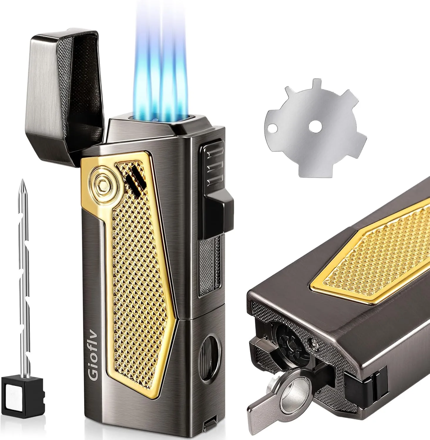4 Torch Jet Flame Lighter,Butane Lighter,Refillable and Adjustable Flame Butane Torch Lighter,Windproof Triple Jet Flame Torch Lighter with Holder, Premium Gift for Men