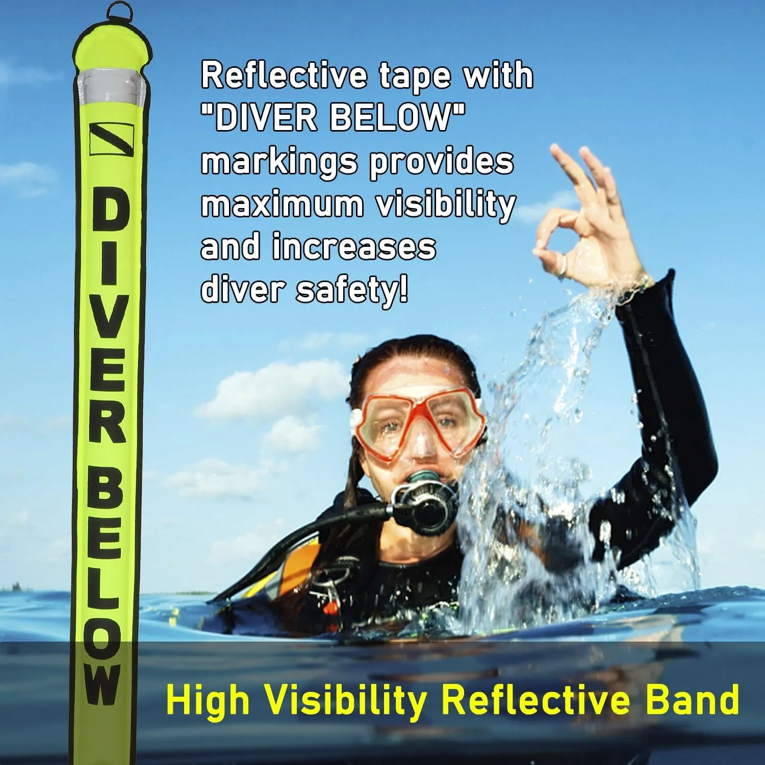 4ft Surface Marker Buoy, Hi-Vi Inflatable Scuba Signal Tube with Reflective Strip, Scuba Diving Open Bottom Float (SMB) for Underwater Diving Snorkeling