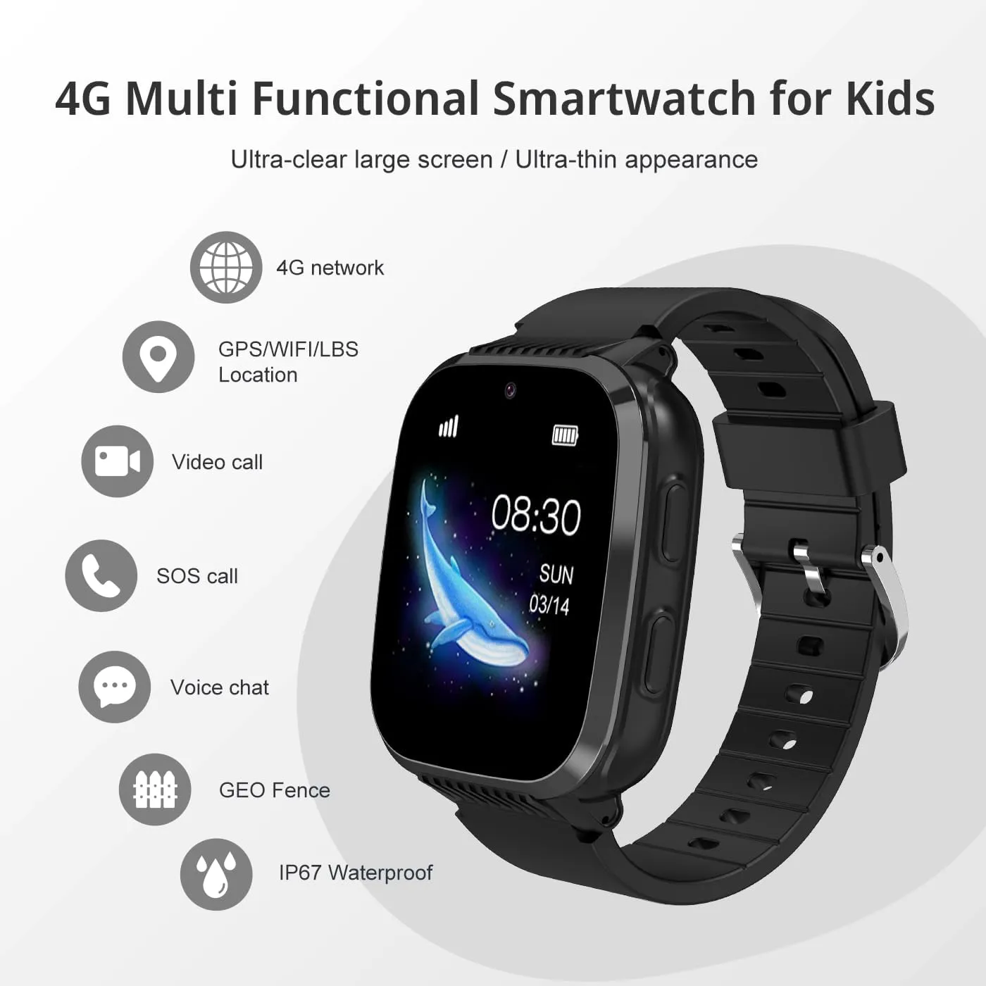 4G Kids Smart Watch Boys with GPS Tracker Cell Phone Watch for Kids Voice Chat Alarm Clock SOS Camera Pedometer Stopwatch Waterproof Puzzle Games Caculator GPS Watch for Kids Age 4-12(Black)