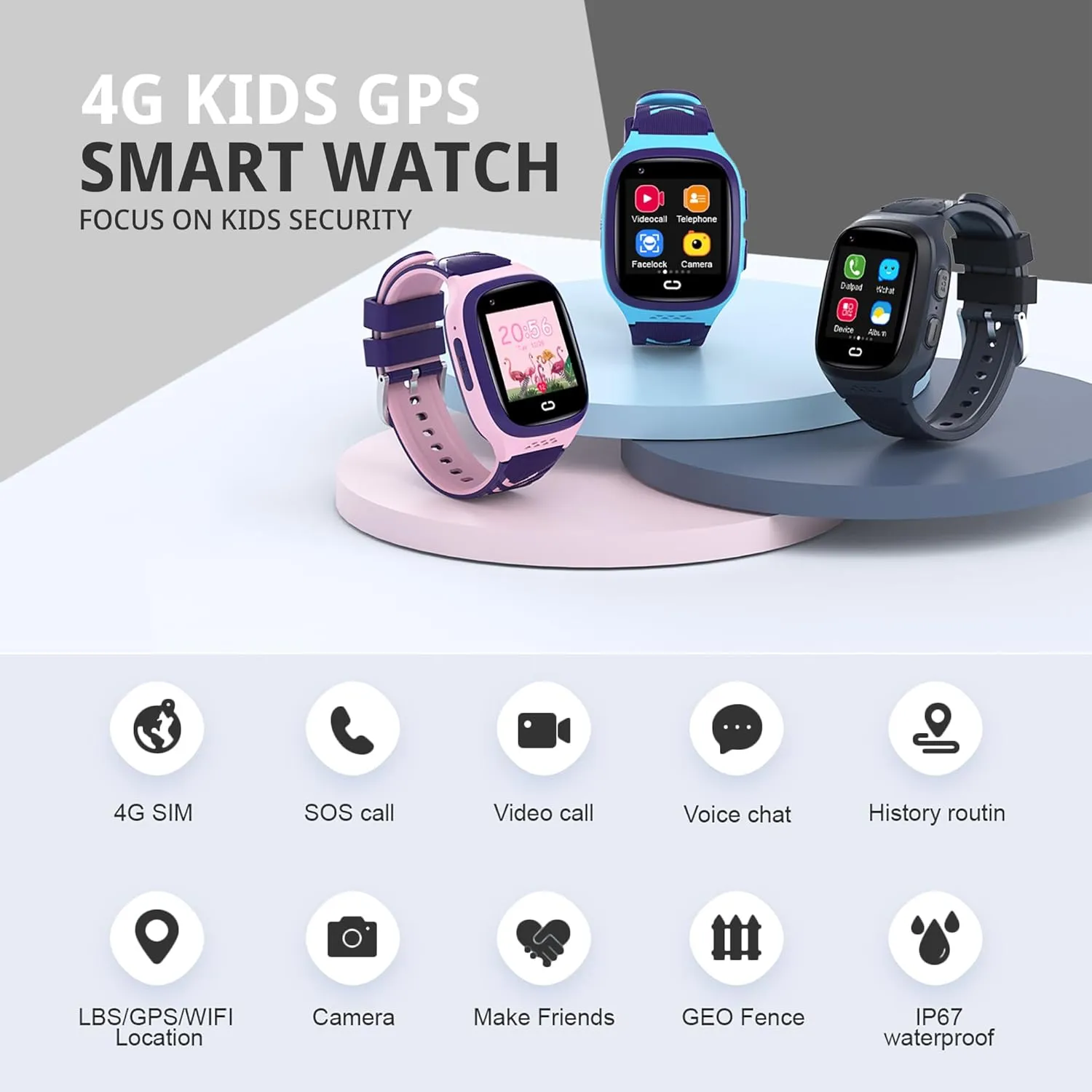 4G Kids Smart Watch for Boys with GPS Tracker SIM Card Location Cell Phone SOS Calling Waterproof Voice Chat Alarm Clock for Ages 5-12 Kids Birthday Gifts(Black)