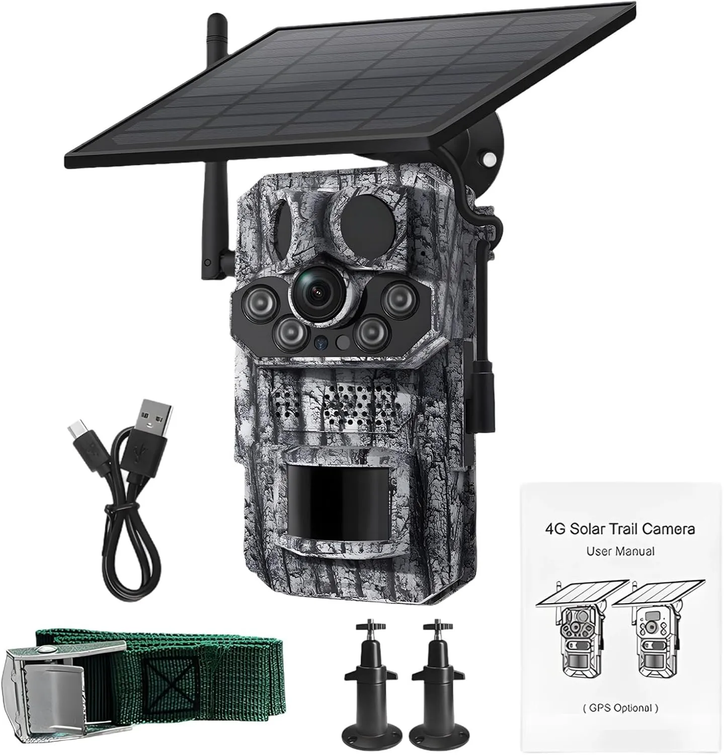 4G Solar Hunting Camera, GPS Tracking, 3Mp Black Light Night Vision, Solar Panel and Accessories Included for Year-Round Outdoor Monitoring,