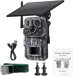 4G Solar Hunting Camera, GPS Tracking, 3Mp Black Light Night Vision, Solar Panel and Accessories Included for Year-Round Outdoor Monitoring,