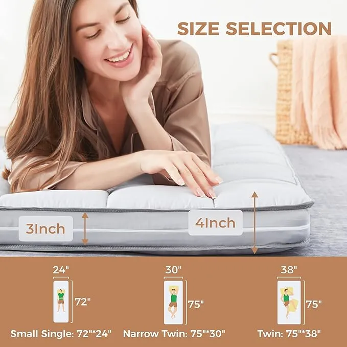 4Inch Cot Mattress Topper,Narrow Twin Gel Infused Memory Foam,Machine Washable Cotton Cover,Roll Up Floors Mat,Portable Folding Sleep Pad(75 X 30“)