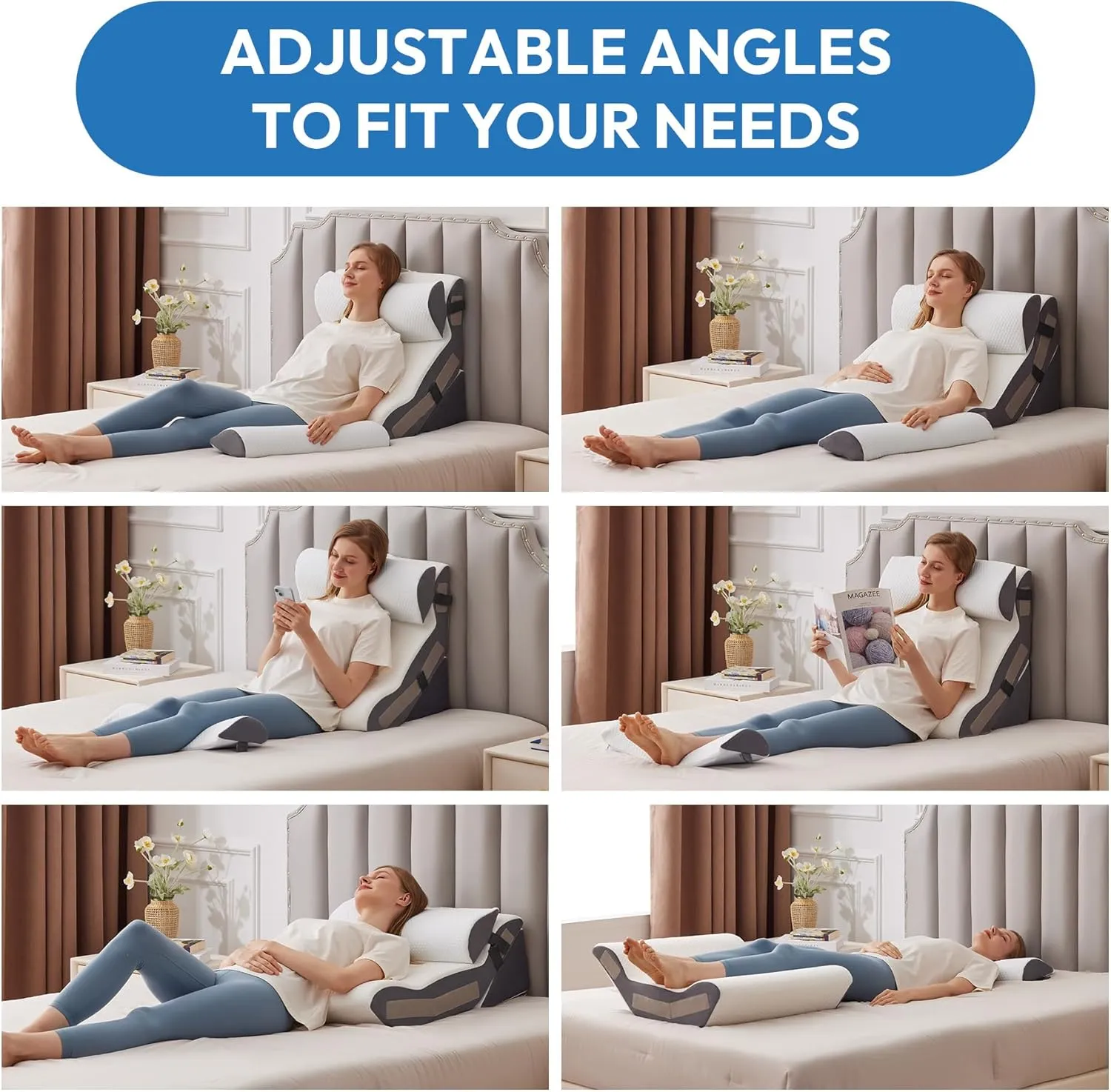 4PCS Orthopedic Bed Wedge Pillow Set for Sleeping, Sitting up in Bed, 6-in-1 Foam Wedge Pillow for Acid Reflux & Back Pain Relief & Leg Elevation, Post Surgery Pillow for GERD & Snoring, White