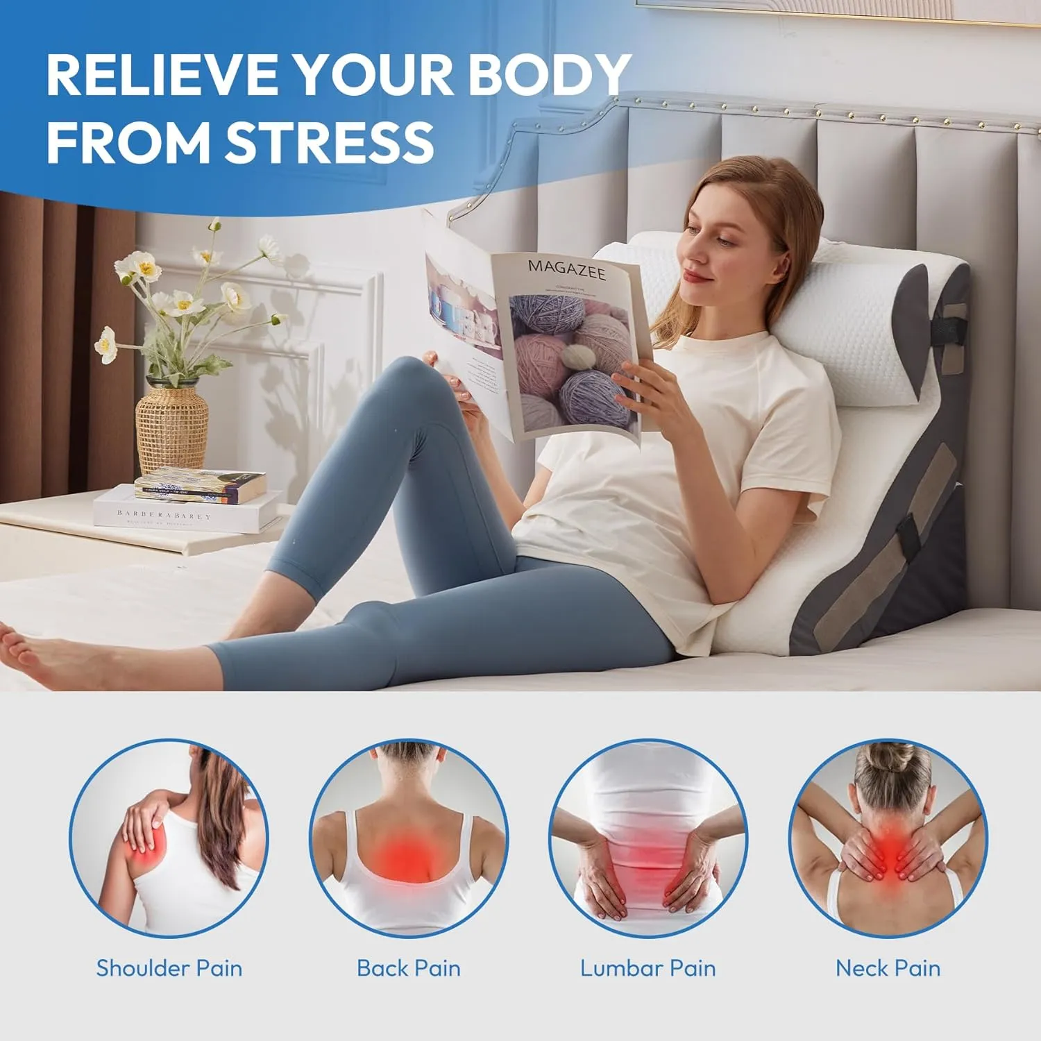 4PCS Orthopedic Bed Wedge Pillow Set for Sleeping, Sitting up in Bed, 6-in-1 Foam Wedge Pillow for Acid Reflux & Back Pain Relief & Leg Elevation, Post Surgery Pillow for GERD & Snoring, White