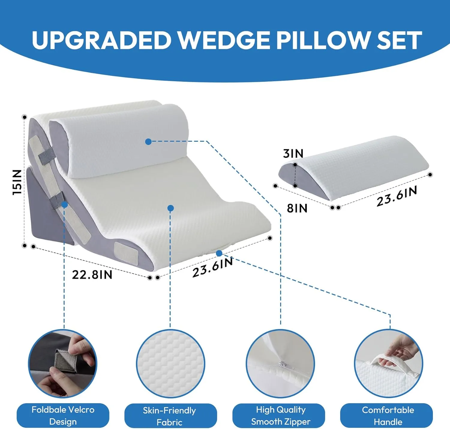 4PCS Orthopedic Bed Wedge Pillow Set for Sleeping, Sitting up in Bed, 6-in-1 Foam Wedge Pillow for Acid Reflux & Back Pain Relief & Leg Elevation, Post Surgery Pillow for GERD & Snoring, White