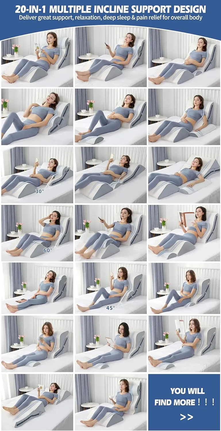4Pcs Orthopedic Bed Wedge Pillow Set with 4Pcs Replacement Pillowcase, Incline Wedge Pillow for Back Pain Relief/Sleeping/Snoring/Post Surgery/Leg Elevation 20-in-1 Adjustable Memory Foam Wedge Pillow