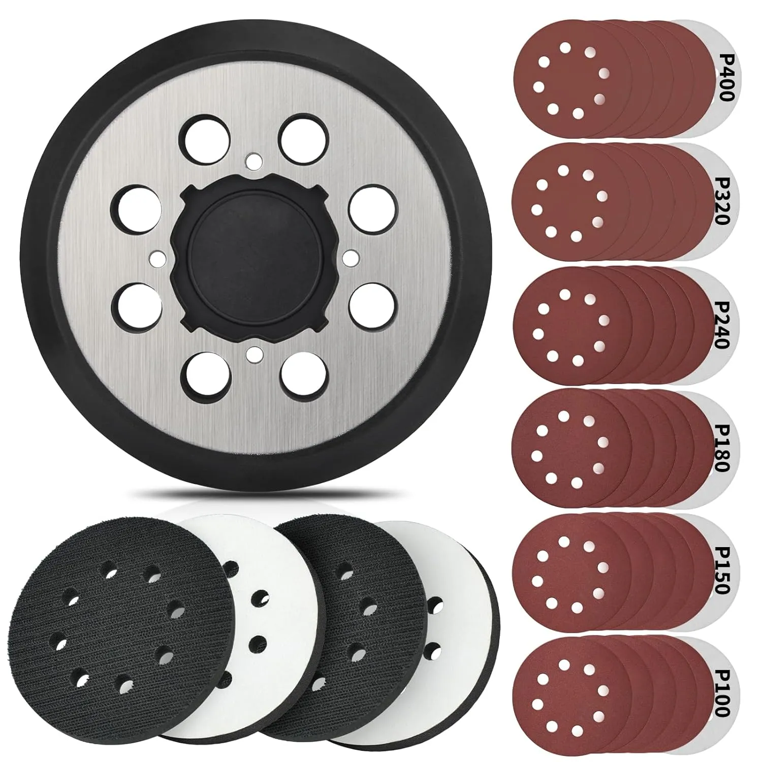 5 Inch 8 Holes Hook Loop Orbital Sander Metal Pad Replacement for DeWalt DWE6423 6423K DWE6421 6421K DCW210B with 4 PCS Foam & 36 PCS Sanding Sanding Discs 100 150 180 240 320 400 Grit