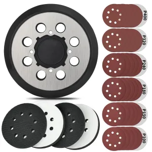 5 Inch 8 Holes Hook Loop Orbital Sander Metal Pad Replacement for DeWalt DWE6423 6423K DWE6421 6421K DCW210B with 4 PCS Foam & 36 PCS Sanding Sanding Discs 100 150 180 240 320 400 Grit