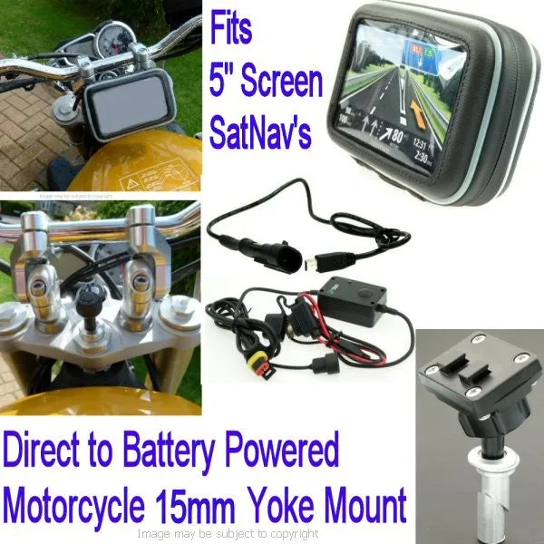 5inch GPS SatNav Motorcycle Powered Yoke Mount - 15mm (sku 14050)