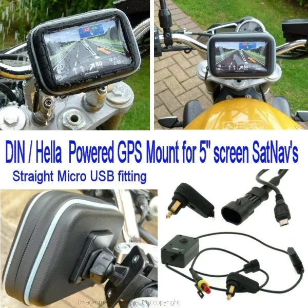5inch SatNav GPS DIN - Hella Powered Motorcycle Mount - Straight Micro USB (SKU 14039)