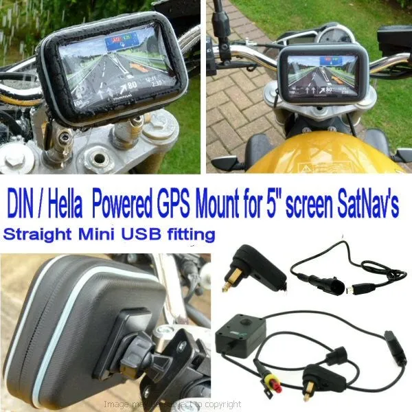 5inch SatNav GPS DIN - Hella Powered Motorcycle Mount - Straight Mini USB (SKU 14040)