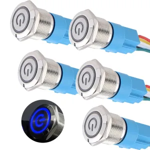 5Pcs 19mm Metal Latching Push Button Switch Waterproof 12V-24V 1NO 1NC ON-Off with Pigtail for 3/4" Mounting Hole Power Symbol Blue LED