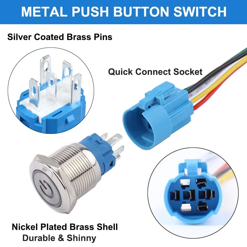 5Pcs 19mm Metal Latching Push Button Switch Waterproof Silver Shell 12V-24V 1NO 1NC ON/Off for 3/4" Mounting Hole with Pigtail with Power Symbol 5Colors (Blue,Orange,Green,Red,White)