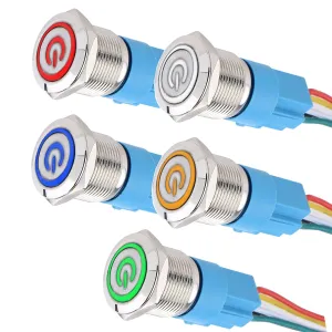5Pcs 19mm Metal Latching Push Button Switch Waterproof Silver Shell 12V-24V 1NO 1NC ON/Off for 3/4" Mounting Hole with Pigtail with Power Symbol 5Colors (Blue,Orange,Green,Red,White)