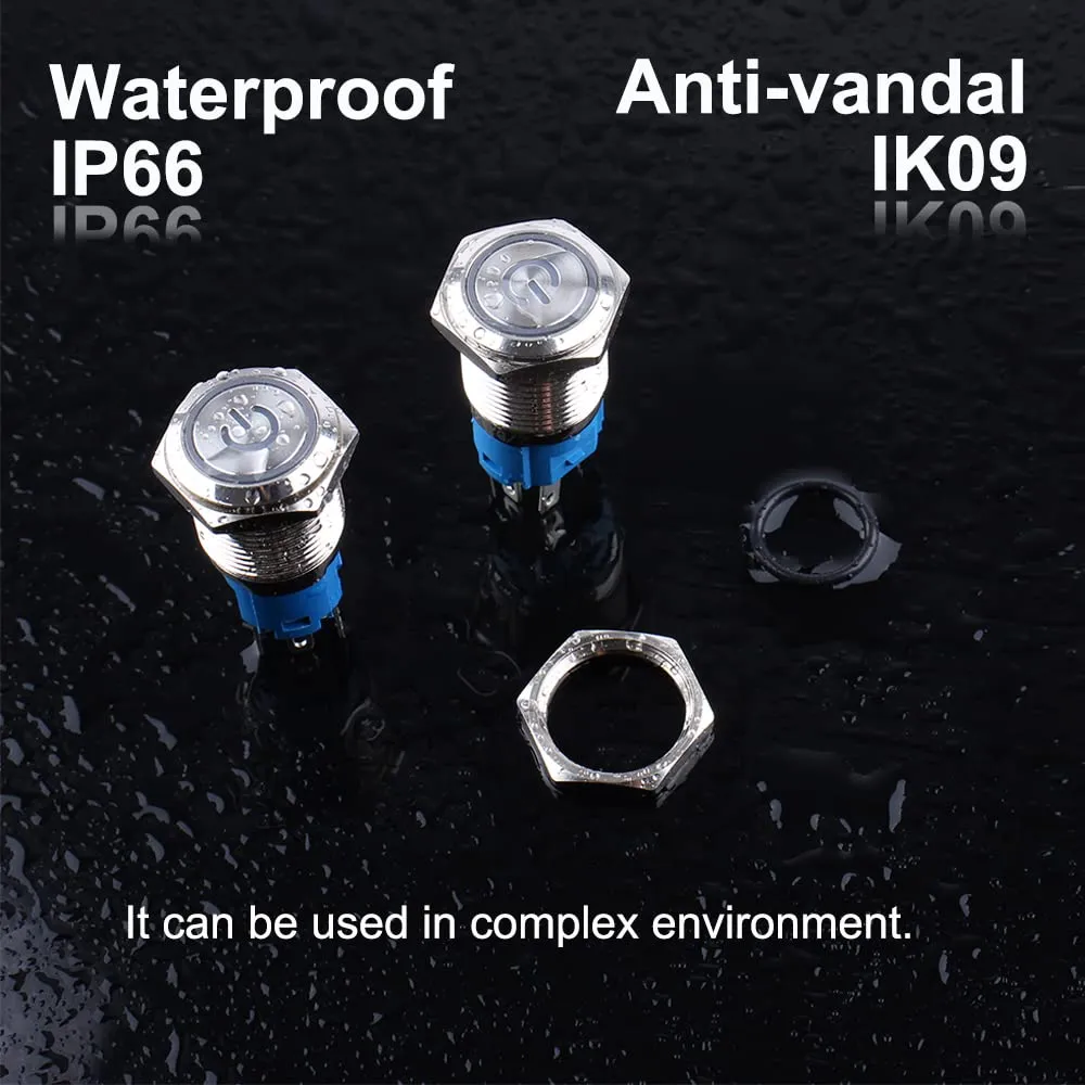 5Pcs 19mm Metal Latching Push Button Switch Waterproof Silver Shell 12V-24V 1NO 1NC ON/Off for 3/4" Mounting Hole with Pigtail with Power Symbol 5Colors (Blue,Orange,Green,Red,White)