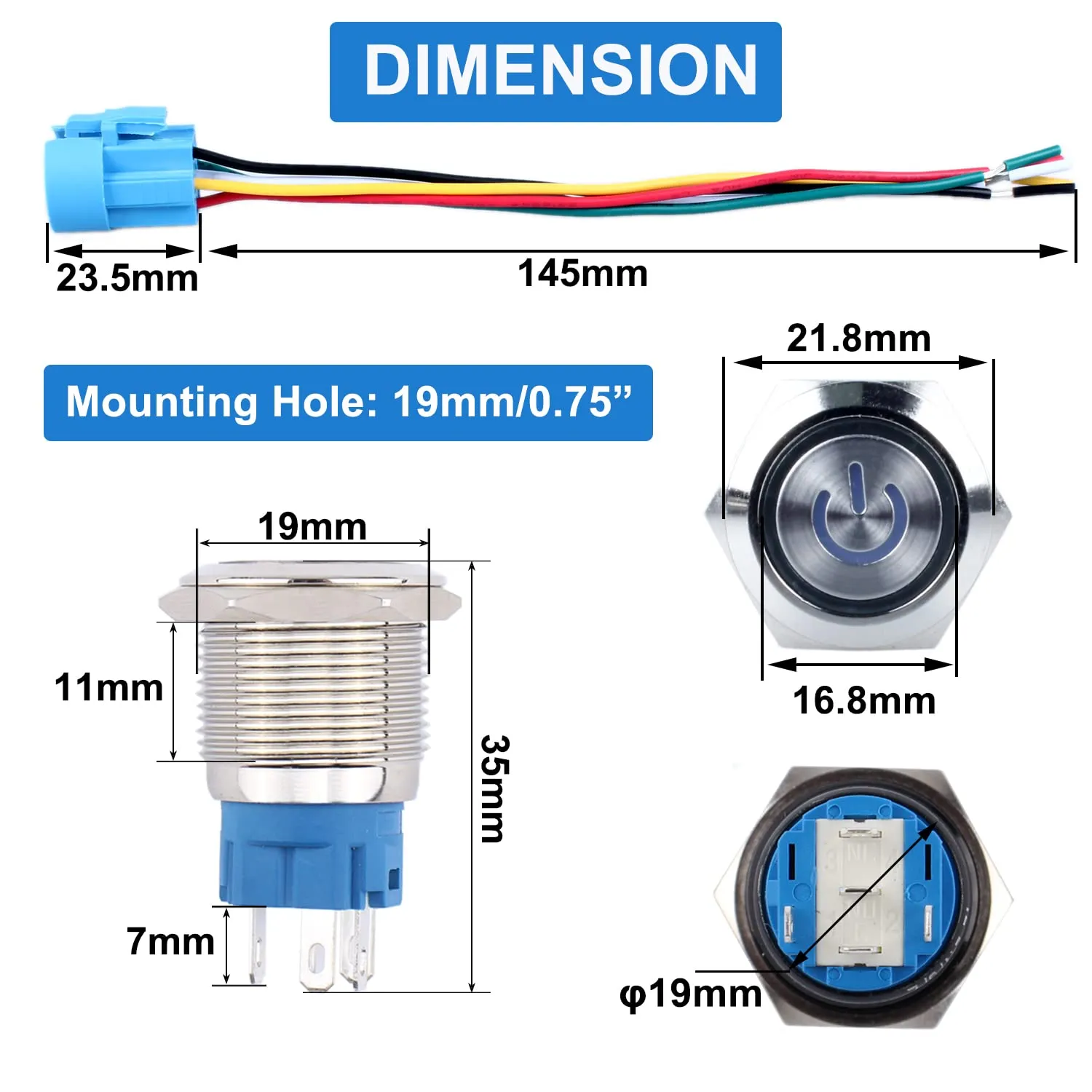 5Pcs 19mm Metal Latching Push Button Switch Waterproof Silver Shell 12V-24V 1NO 1NC ON/Off for 3/4" Mounting Hole with Pigtail with Power Symbol 5Colors (Blue,Orange,Green,Red,White)