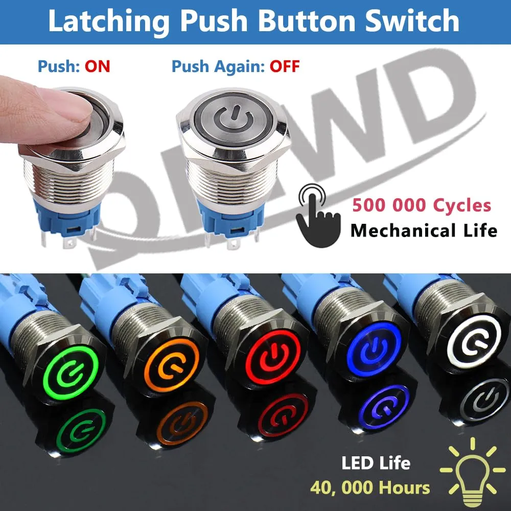 5Pcs 19mm Metal Latching Push Button Switch Waterproof Silver Shell 12V-24V 1NO 1NC ON/Off for 3/4" Mounting Hole with Pigtail with Power Symbol 5Colors (Blue,Orange,Green,Red,White)