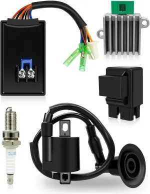 5PCS CDI Box Ignition Coil Kit Fit for Polaris Sportsman 90 Scrambler 90 50 Predator 90 50 2001-2007 with Voltage Regulator Rectifier Starter Relay Solenoid and Spark Plug