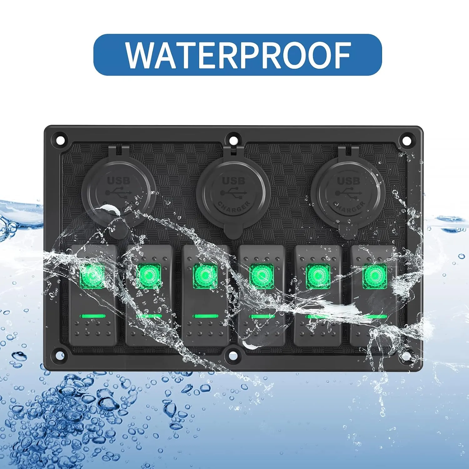 6 Gang Rocker Switch Panel, LED Digital Voltmeter with 3.1A Dual USB Charger, 12/24V Wired Toggle Switch Panel for Automotive Cars Marine Boats RVs Green