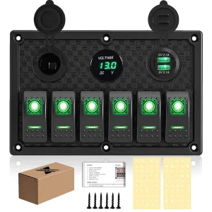6 Gang Rocker Switch Panel, LED Digital Voltmeter with 3.1A Dual USB Charger, 12/24V Wired Toggle Switch Panel for Automotive Cars Marine Boats RVs Green