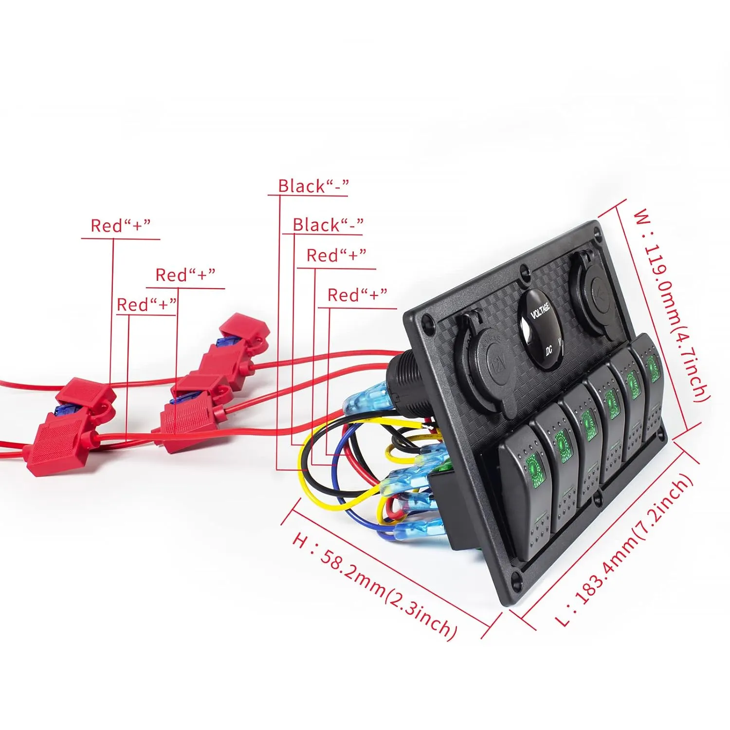 6 Gang Rocker Switch Panel, LED Digital Voltmeter with 3.1A Dual USB Charger, 12/24V Wired Toggle Switch Panel for Automotive Cars Marine Boats RVs Green